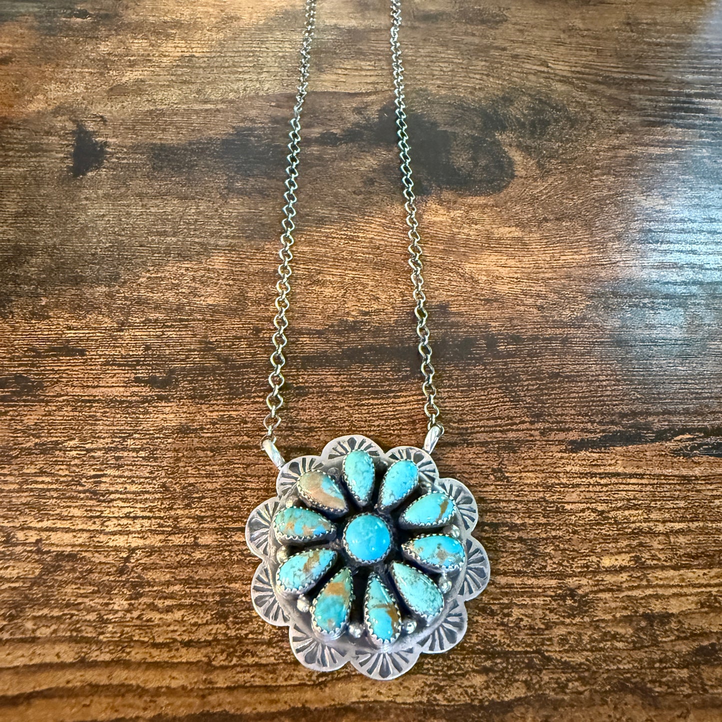 Sonoran Gold Turquoise Flower Cluster Pendant Sterling Silver 20Inch Necklace