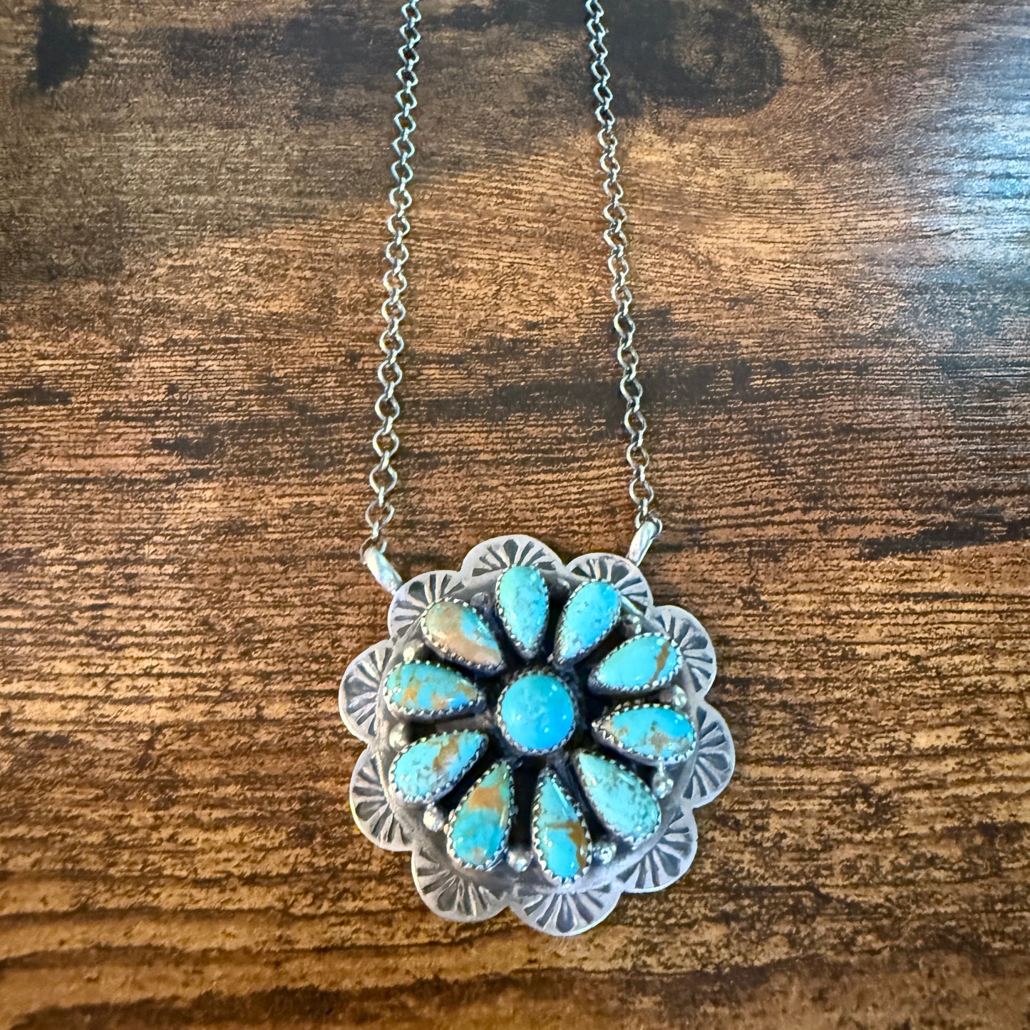 Sonoran Gold Turquoise Flower Cluster Pendant Sterling Silver 20Inch Necklace