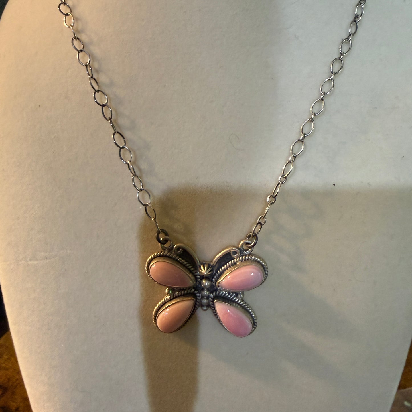 Pink Conch Butterfly Gemstone Necklace 18 Inch Sterling Silver