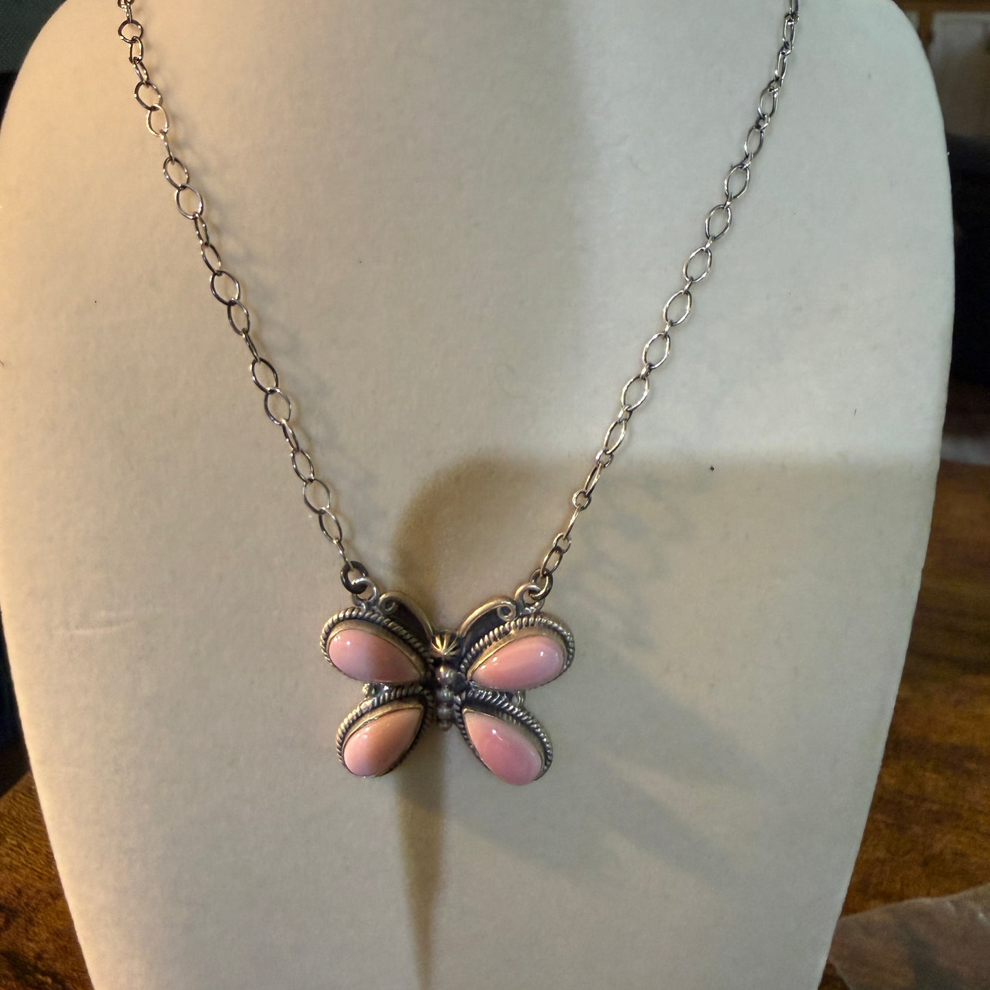 Pink Conch Butterfly Gemstone Necklace 18 Inch Sterling Silver