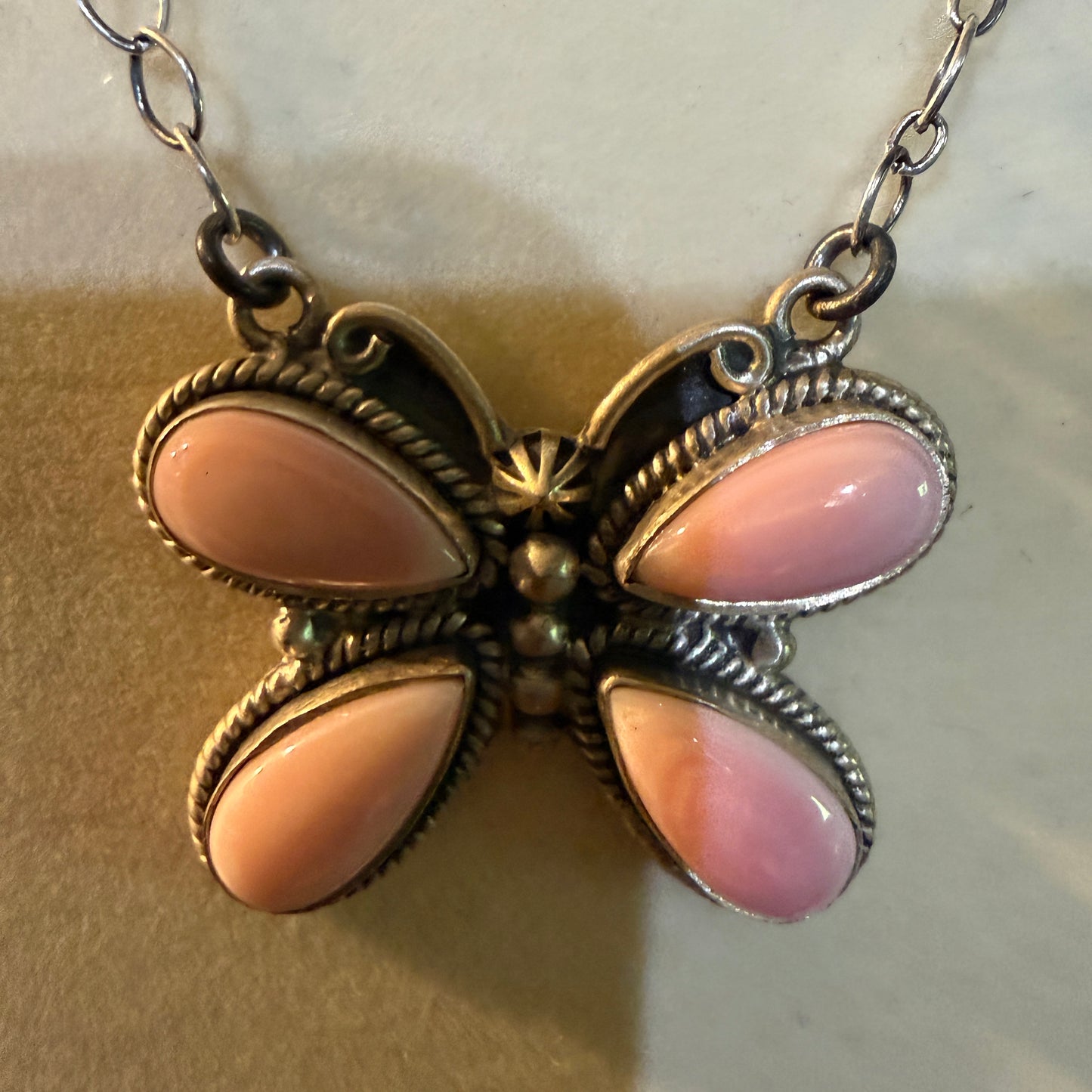 Pink Conch Butterfly Gemstone Necklace 18 Inch Sterling Silver