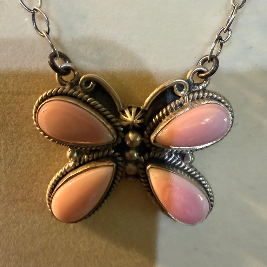 Pink Conch Butterfly Gemstone Necklace 18 Inch Sterling Silver Wild West Boho
