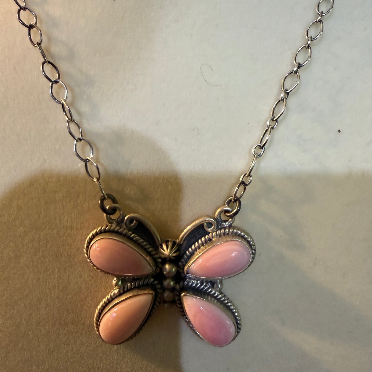 Pink Conch Butterfly Gemstone Necklace 18 Inch Sterling Silver