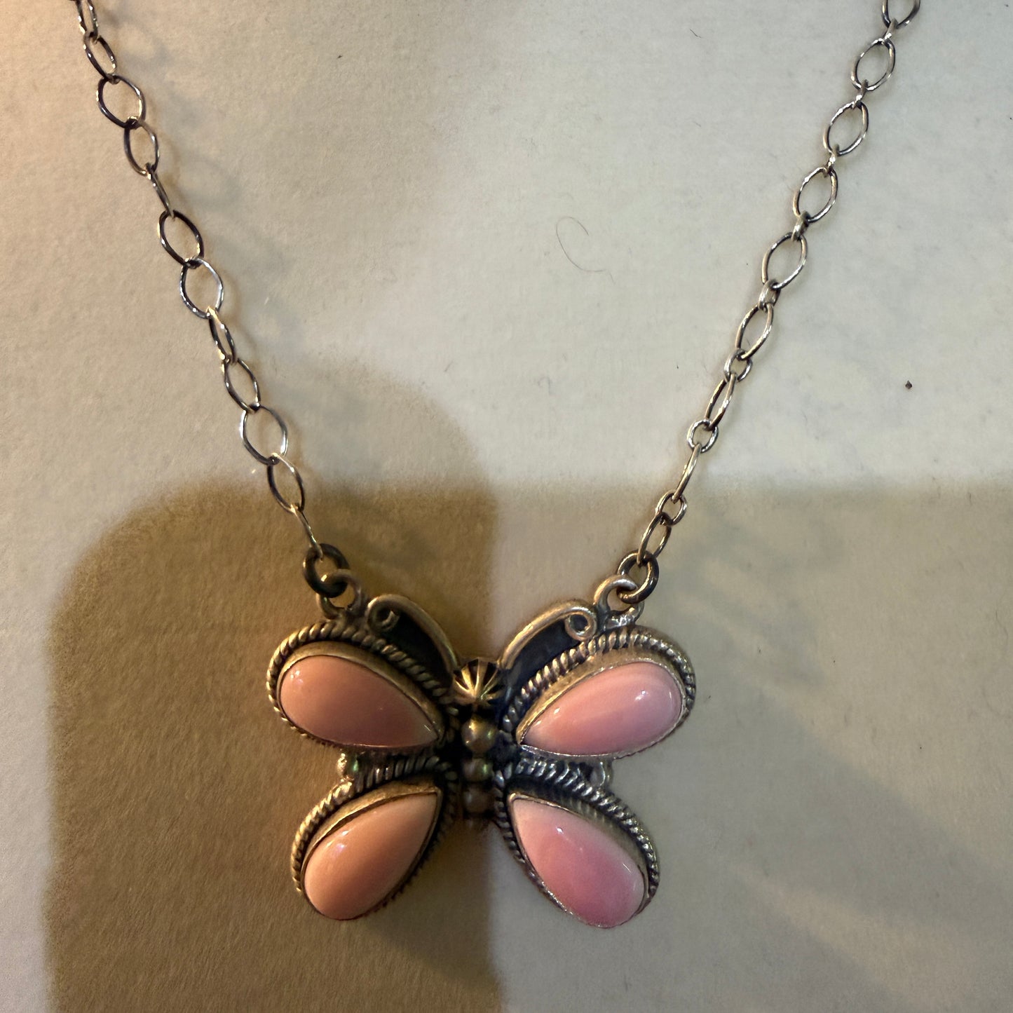 Pink Conch Butterfly Gemstone Necklace 18 Inch Sterling Silver