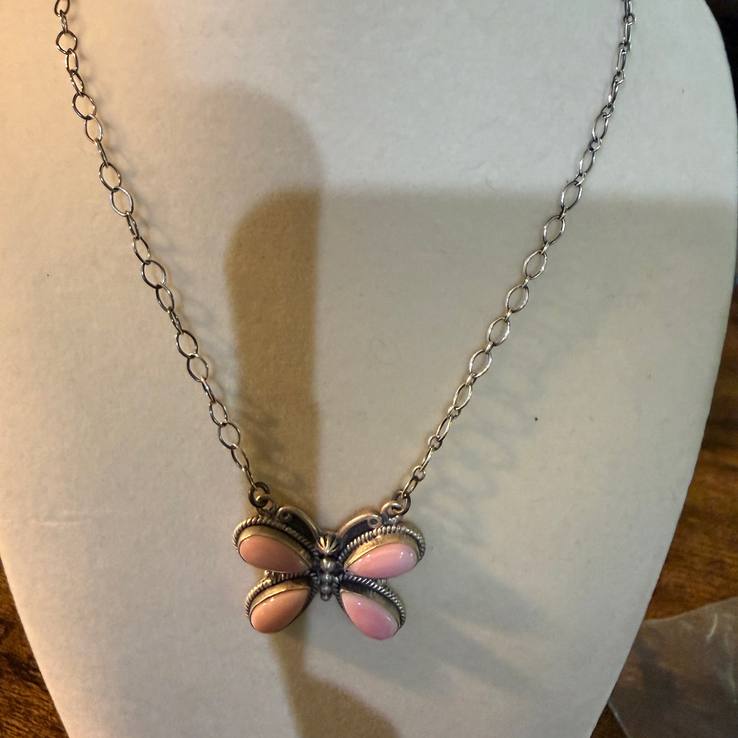 Pink Conch Butterfly Gemstone Necklace 18 Inch Sterling Silver
