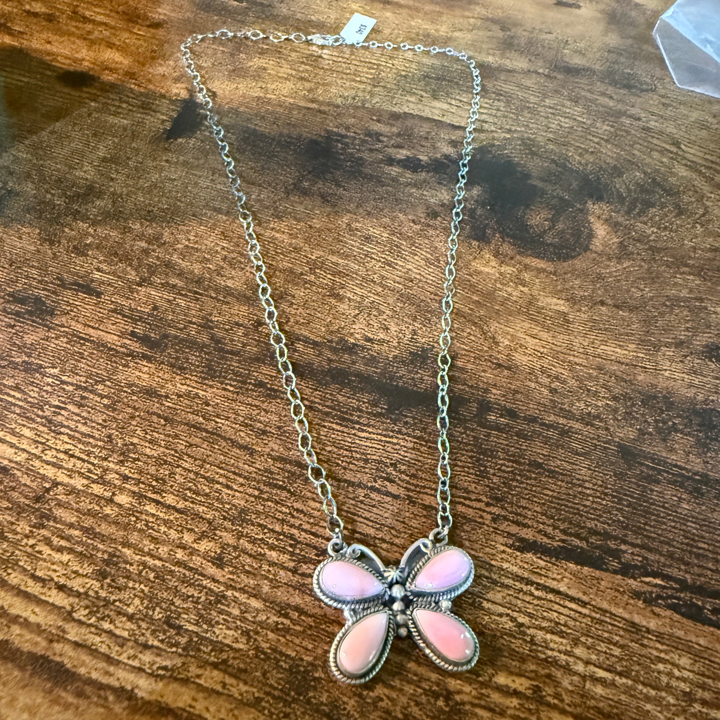 Pink Conch Butterfly Gemstone Necklace 18 Inch Sterling Silver