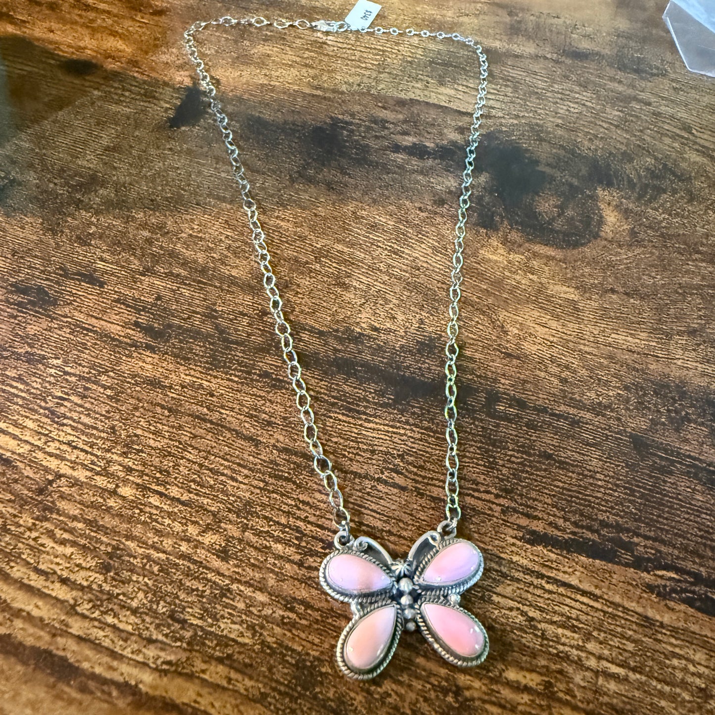 Pink Conch Butterfly Gemstone Necklace 18 Inch Sterling Silver