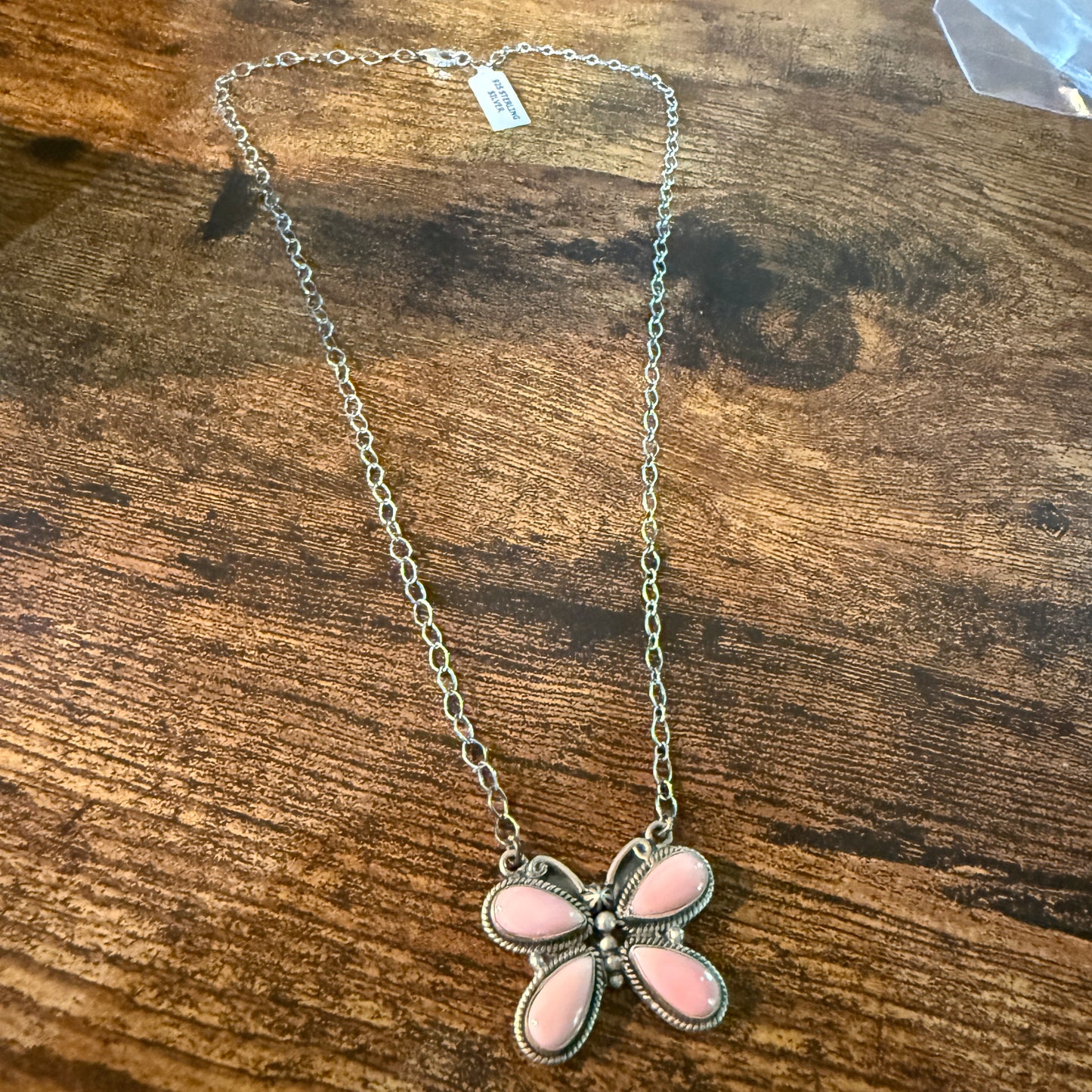 Pink Conch Butterfly Gemstone Necklace 18 Inch Sterling Silver