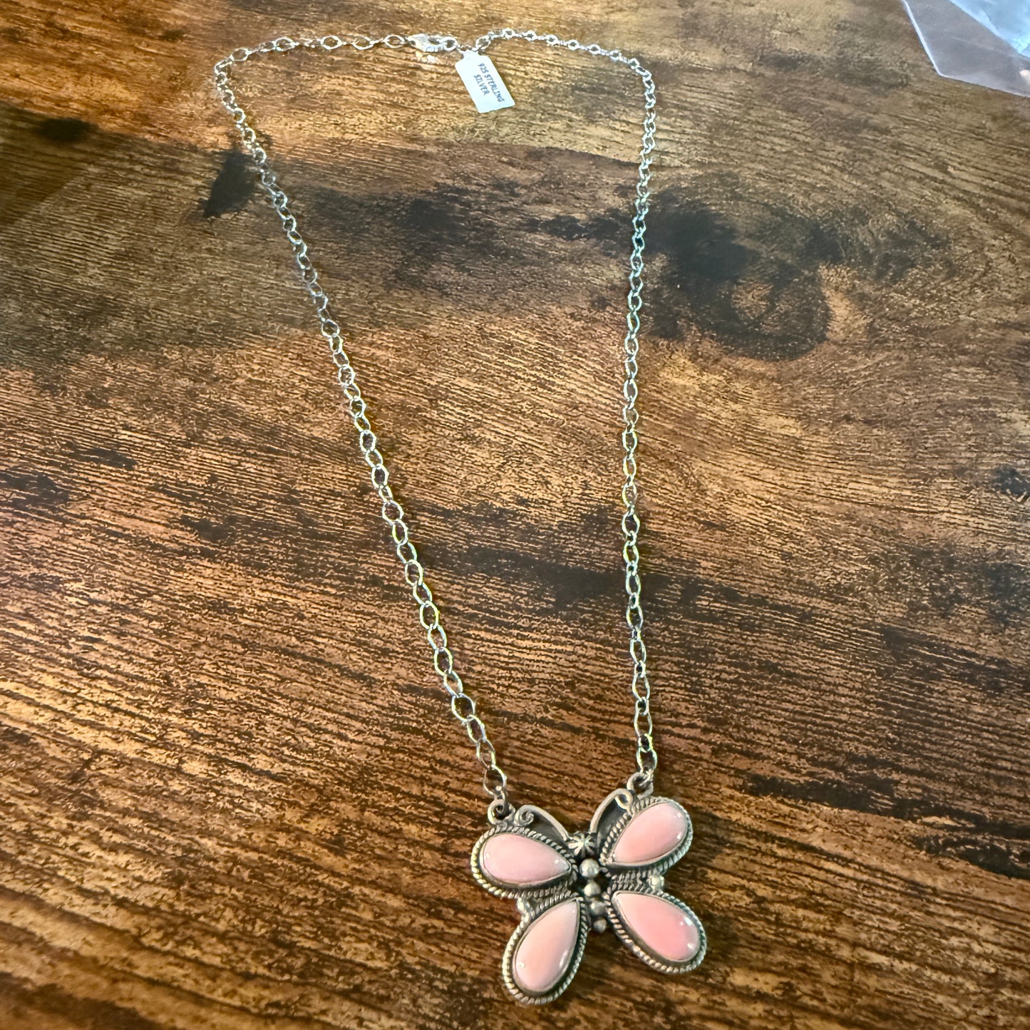 Pink Conch Butterfly Gemstone Necklace 18 Inch Sterling Silver