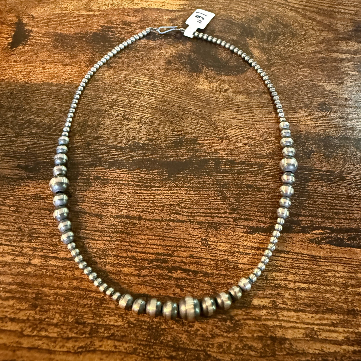 Handmade Navajo Style Graduated Pearl Necklace Sterling Silver 2mm to 6mm 16 Inch