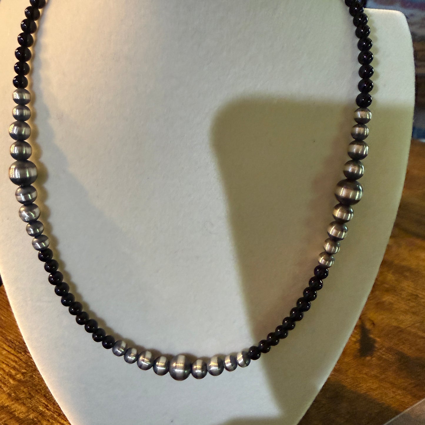 Handmade Sterling Silver Black Onyx Graduated Pearl Necklace 16 Inch 3mm to 6mm