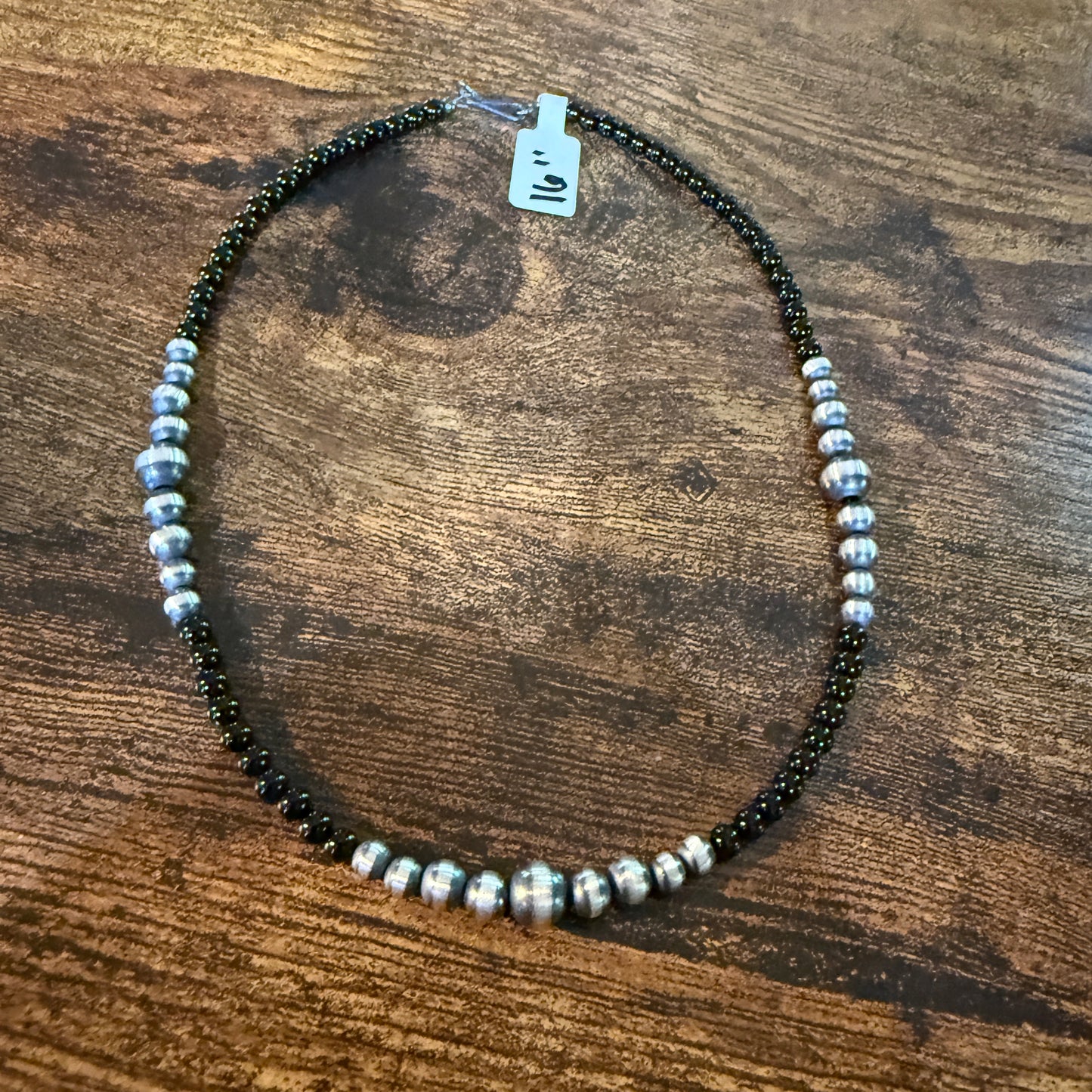 Handmade Sterling Silver Black Onyx Graduated Pearl Necklace 16 Inch 3mm to 6mm