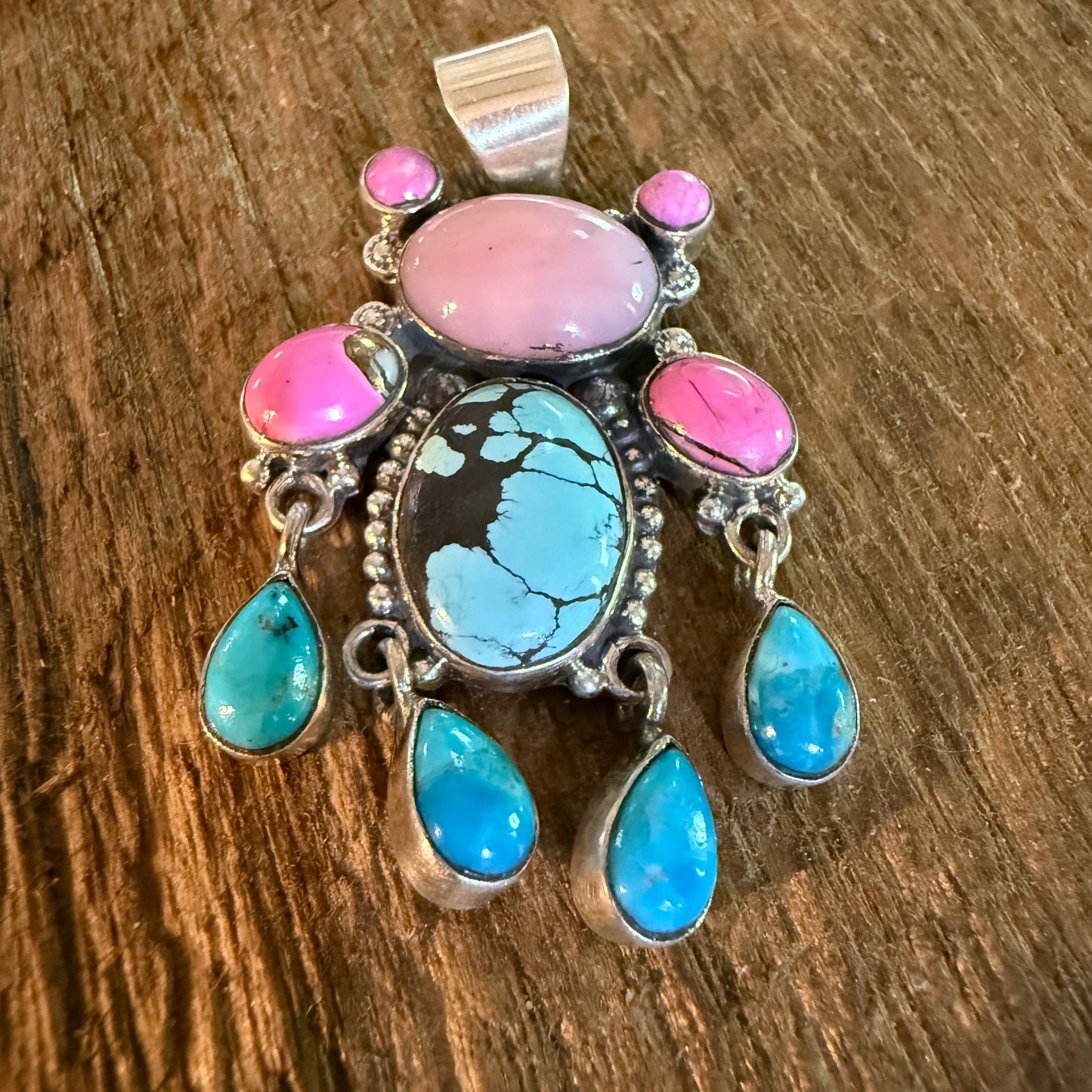 Cotton Candy Pink Conch and Kingman Turquoise Gemstone Cluster Pendant