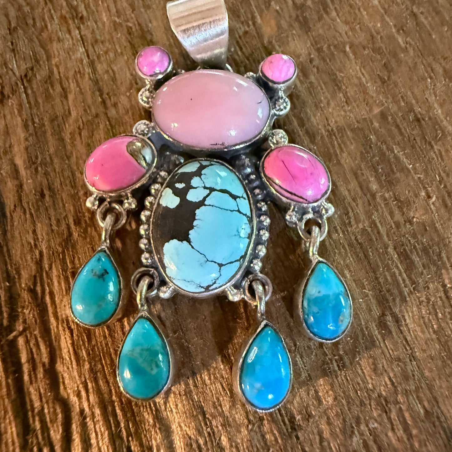 Cotton Candy Pink Conch and Kingman Turquoise Gemstone Cluster Pendant