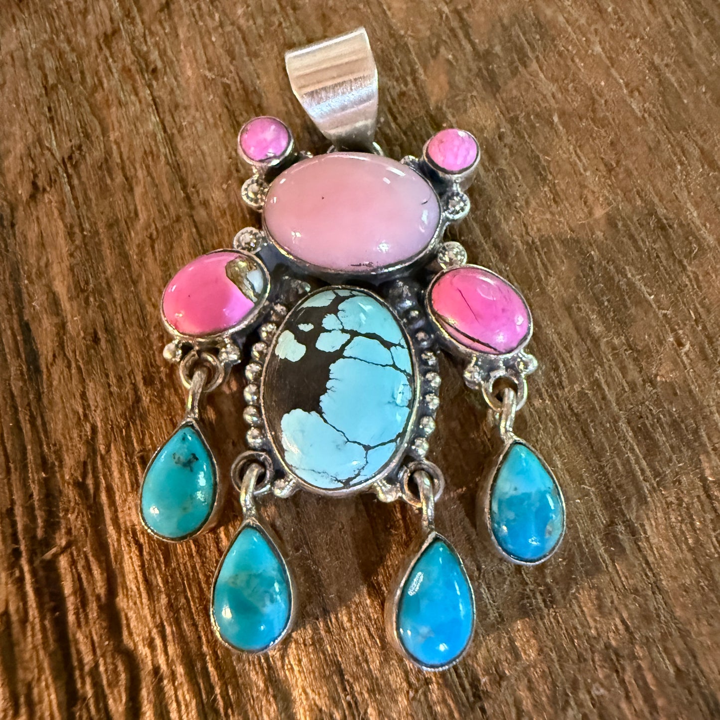 Cotton Candy Pink Conch and Kingman Turquoise Gemstone Cluster Pendant