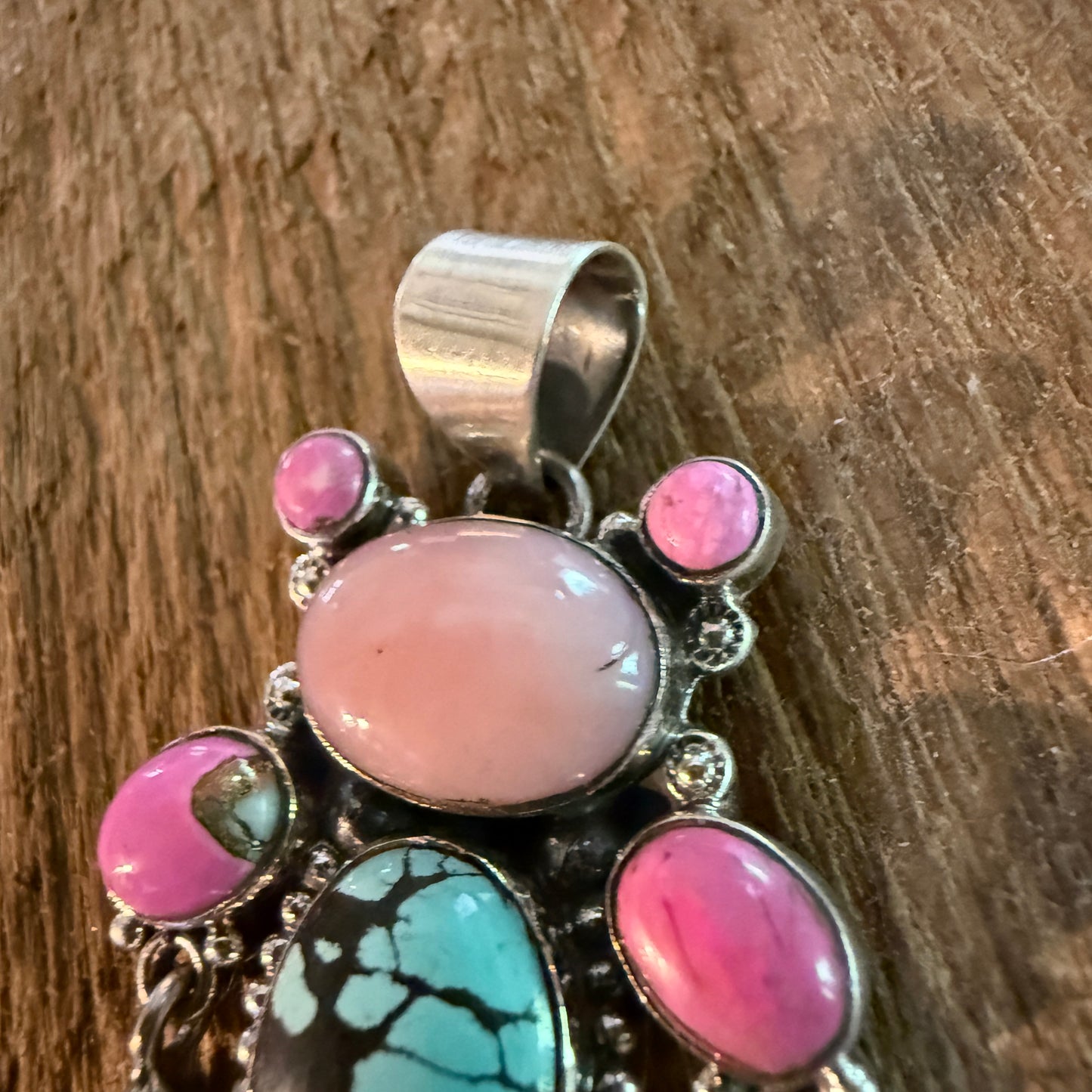 Cotton Candy Pink Conch and Kingman Turquoise Gemstone Cluster Pendant