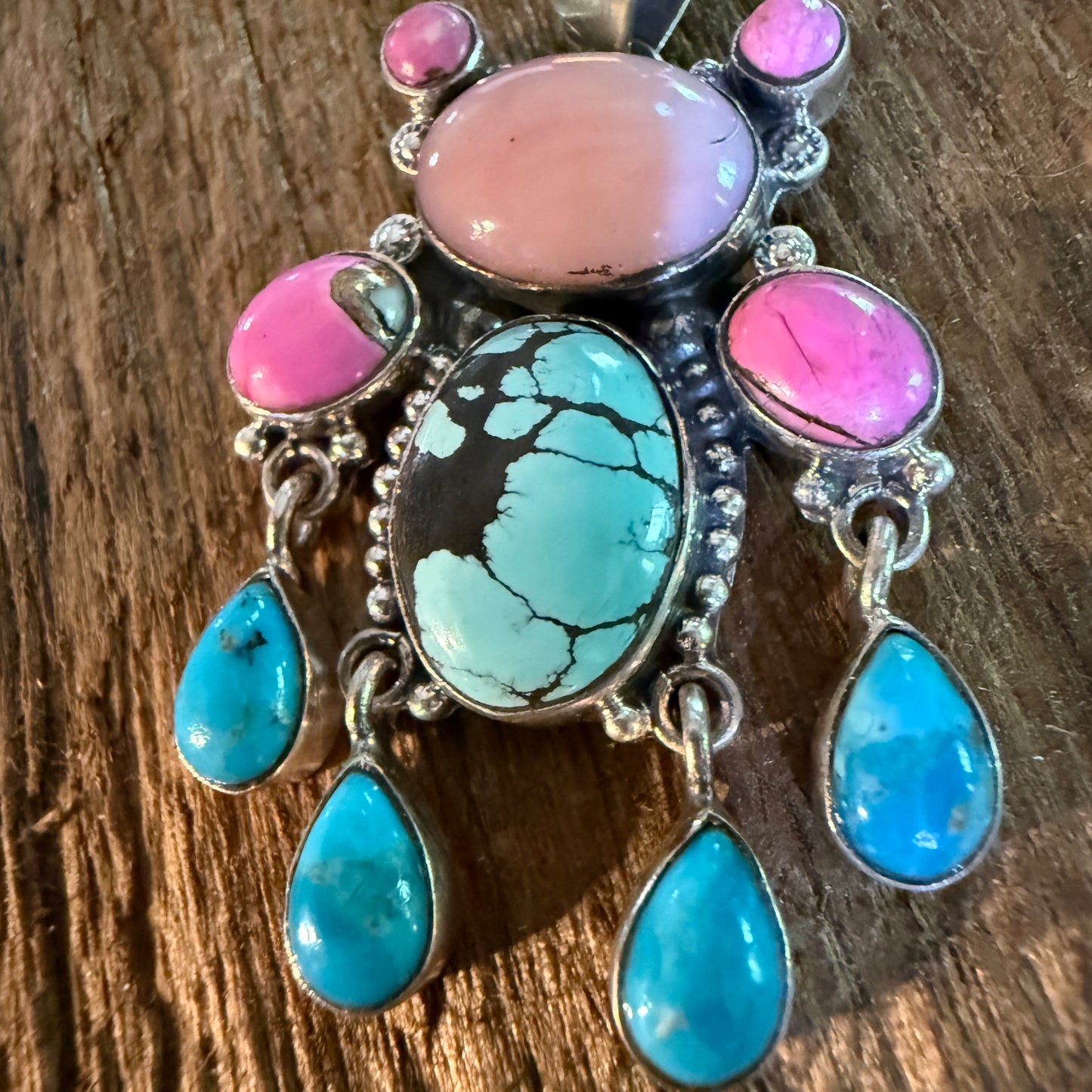 Cotton Candy Pink Conch and Kingman Turquoise Gemstone Cluster Pendant
