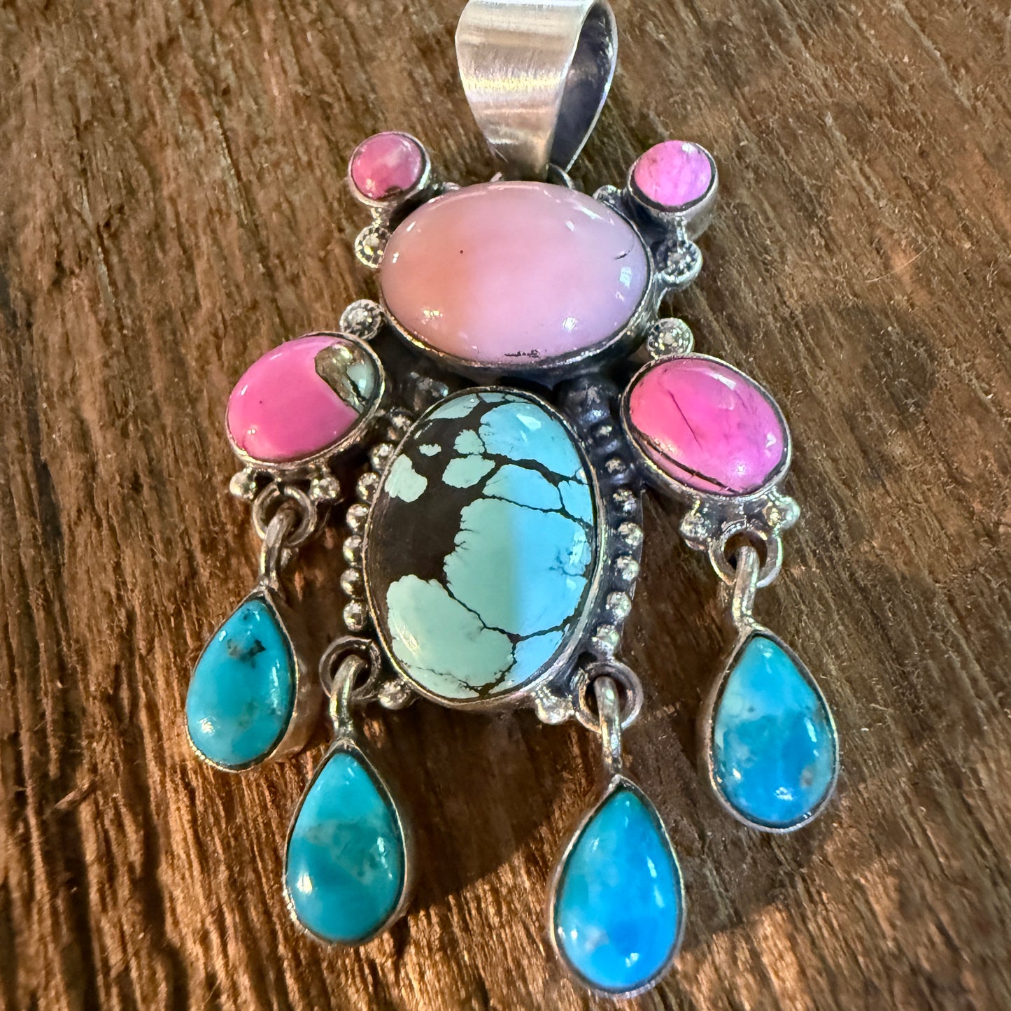 Cotton Candy Pink Conch and Kingman Turquoise Gemstone Cluster Pendant