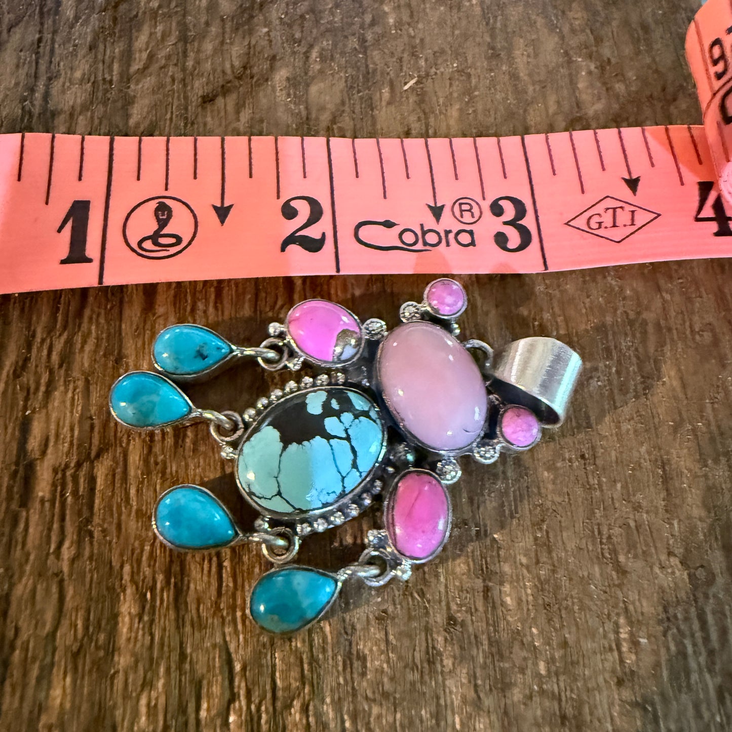 Cotton Candy Pink Conch and Kingman Turquoise Gemstone Cluster Pendant