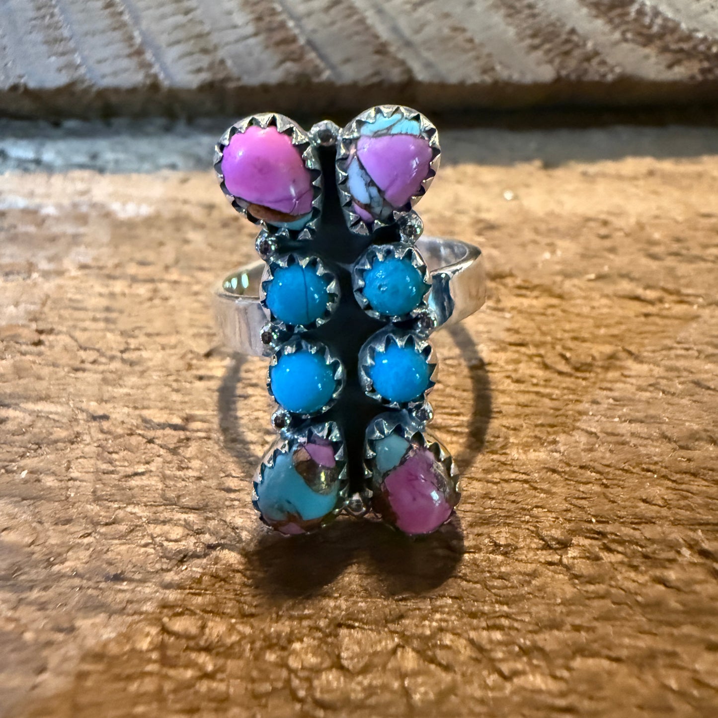 Cotton Candy White Buffalo Dahlia Turquoise Adjustable Ring Sterling Silver