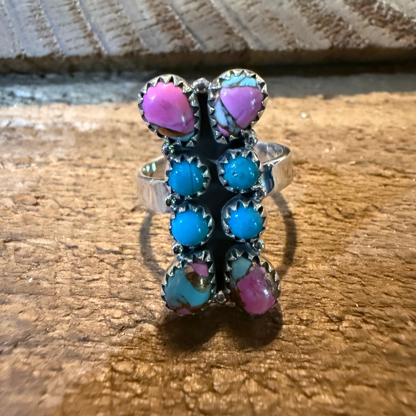 Cotton Candy White Buffalo Dahlia Turquoise Adjustable Ring Sterling Silver