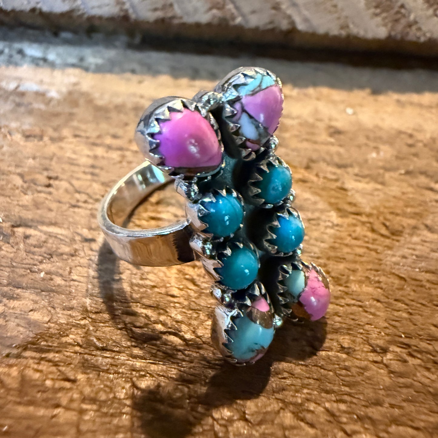 Cotton Candy White Buffalo Dahlia Turquoise Adjustable Ring Sterling Silver