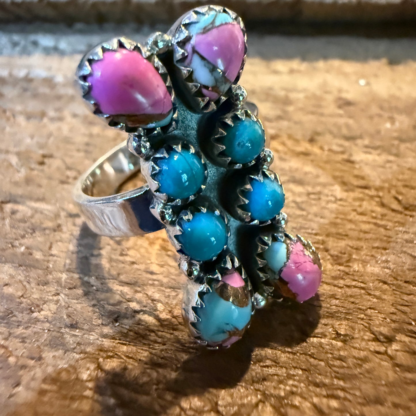 Cotton Candy White Buffalo Dahlia Turquoise Adjustable Ring Sterling Silver
