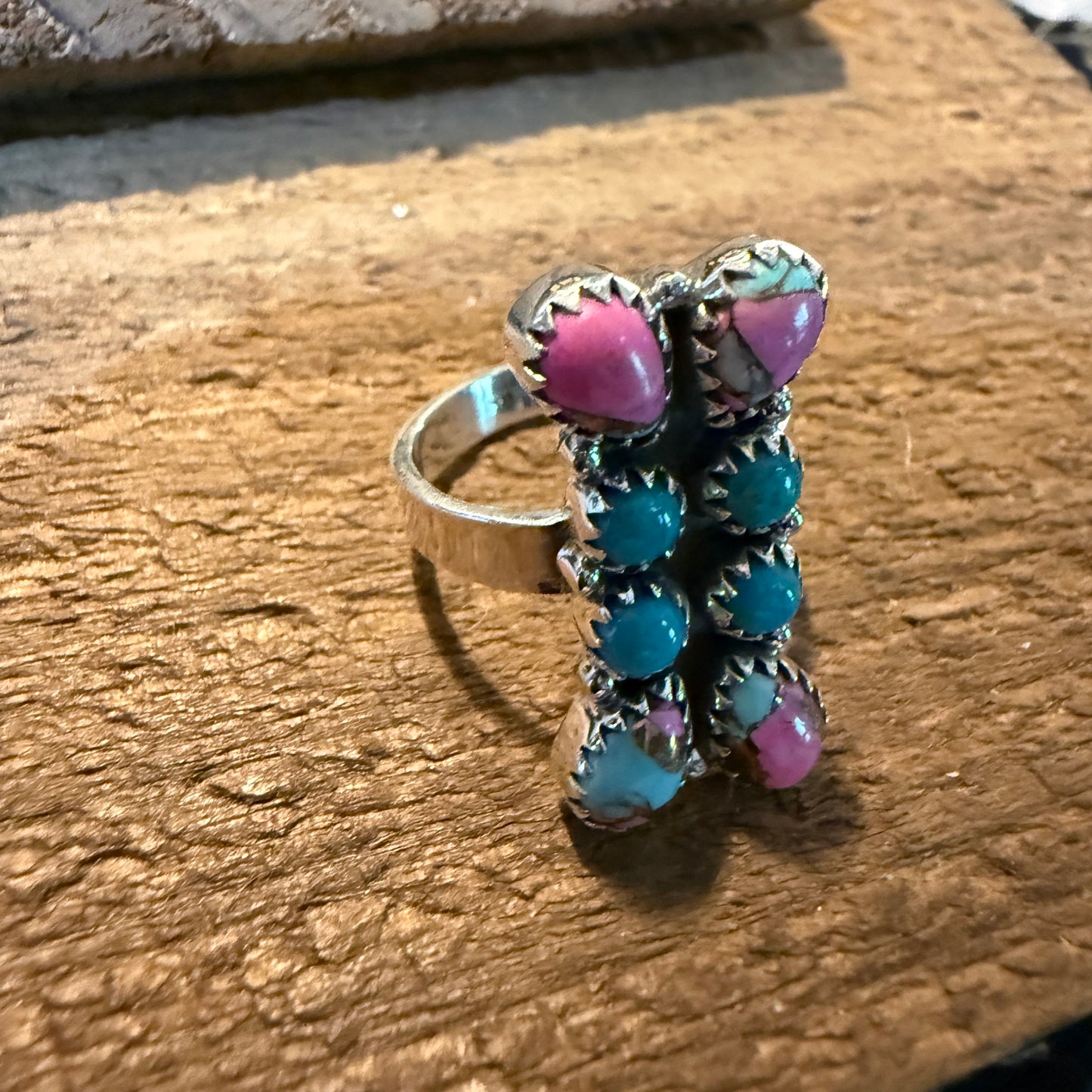 Cotton Candy White Buffalo Dahlia Turquoise Adjustable Ring Sterling Silver