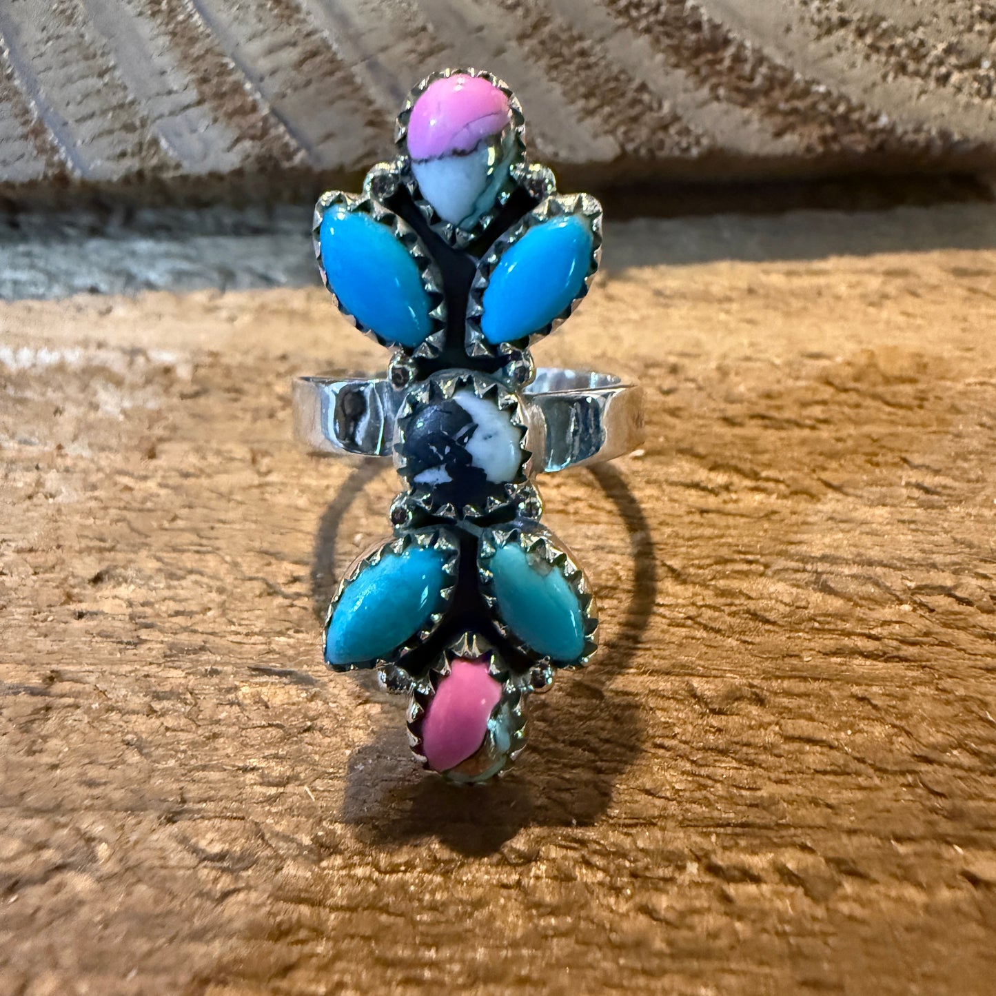 Cotton Candy Turquoise Dahlia Gemstone Statement Adjustable Sterling Silver Ring