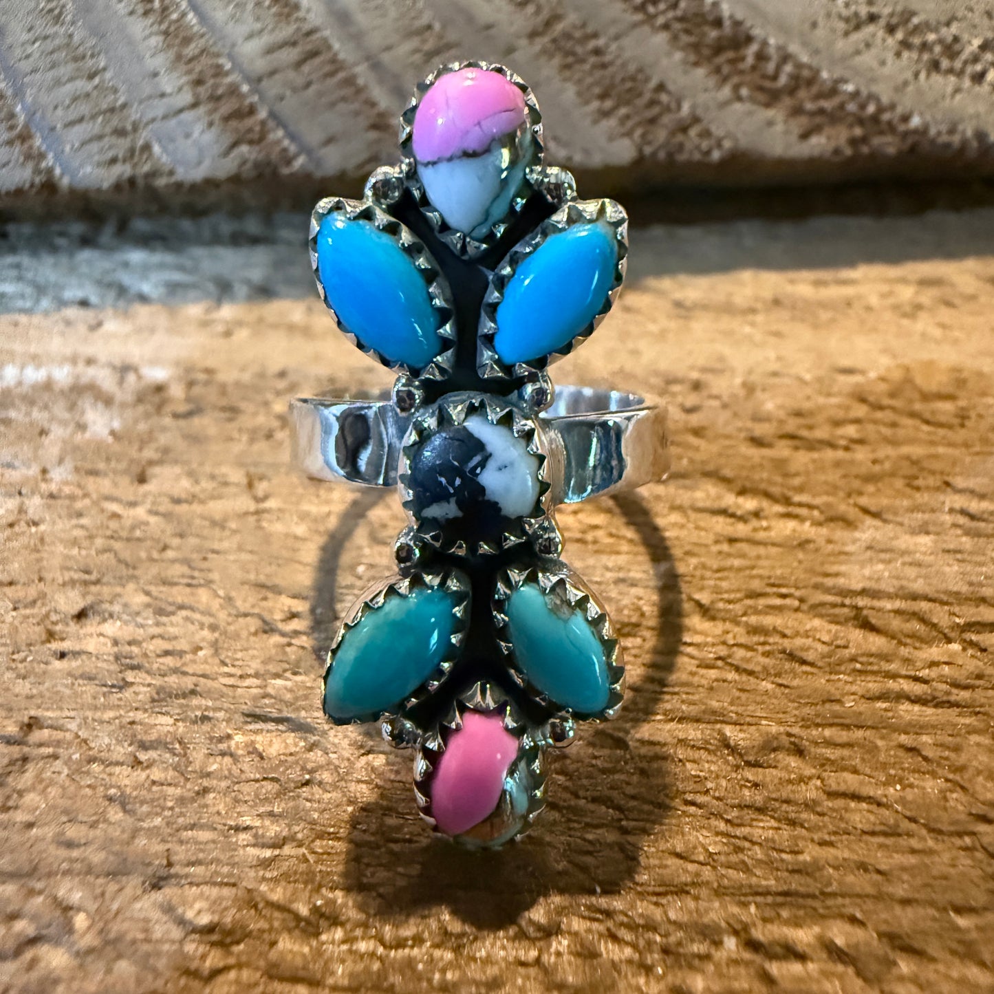 Cotton Candy Turquoise Dahlia Gemstone Statement Adjustable Sterling Silver Ring