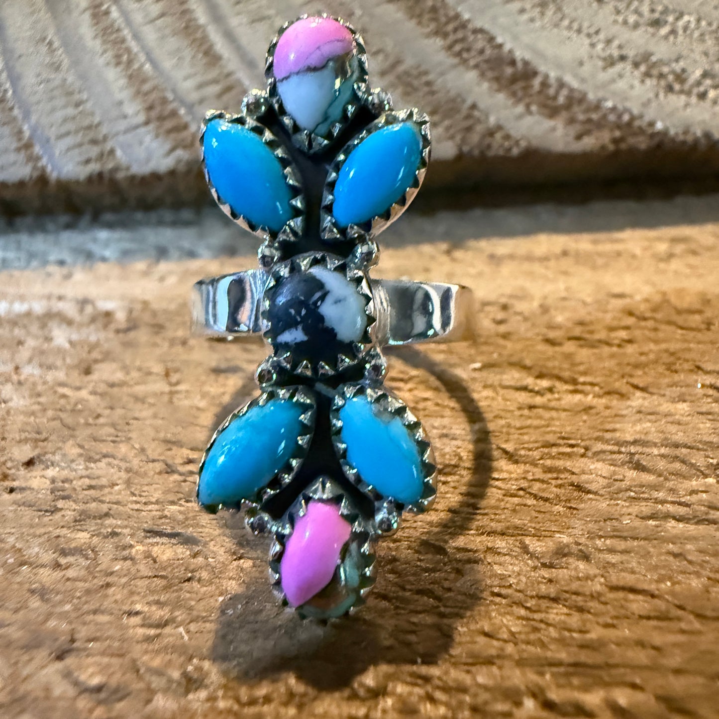 Cotton Candy Turquoise Dahlia Gemstone Statement Adjustable Sterling Silver Ring