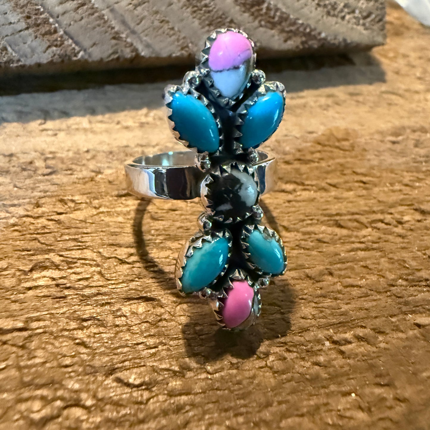 Cotton Candy Turquoise Dahlia Gemstone Statement Adjustable Sterling Silver Ring
