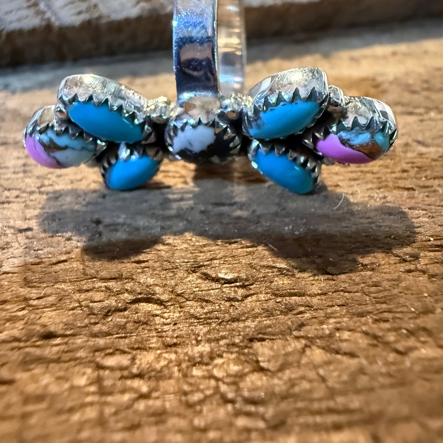 Cotton Candy Turquoise Dahlia Gemstone Statement Adjustable Sterling Silver Ring
