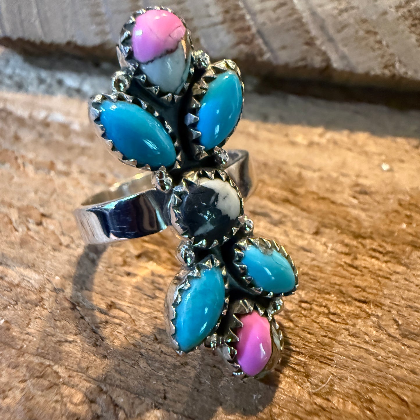 Cotton Candy Turquoise Dahlia Gemstone Statement Adjustable Sterling Silver Ring