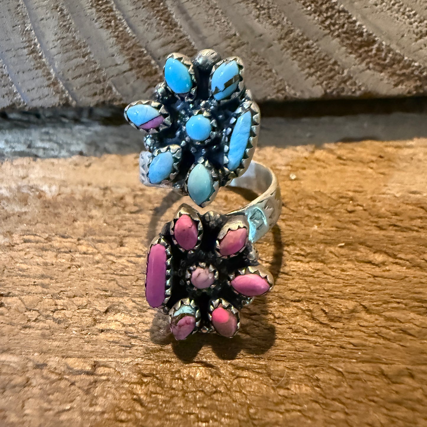 Cotton Candy Turquoise Dahlia Gemstone Adjustable Sterling Silver Ring