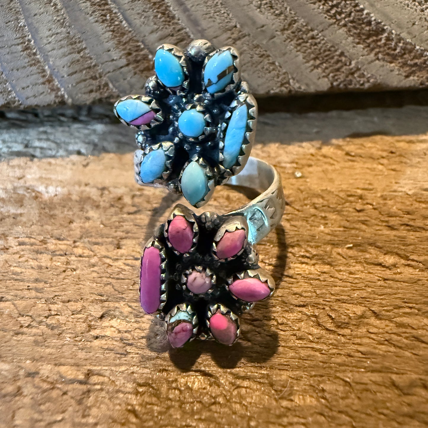 Cotton Candy Turquoise Dahlia Gemstone Adjustable Sterling Silver Ring