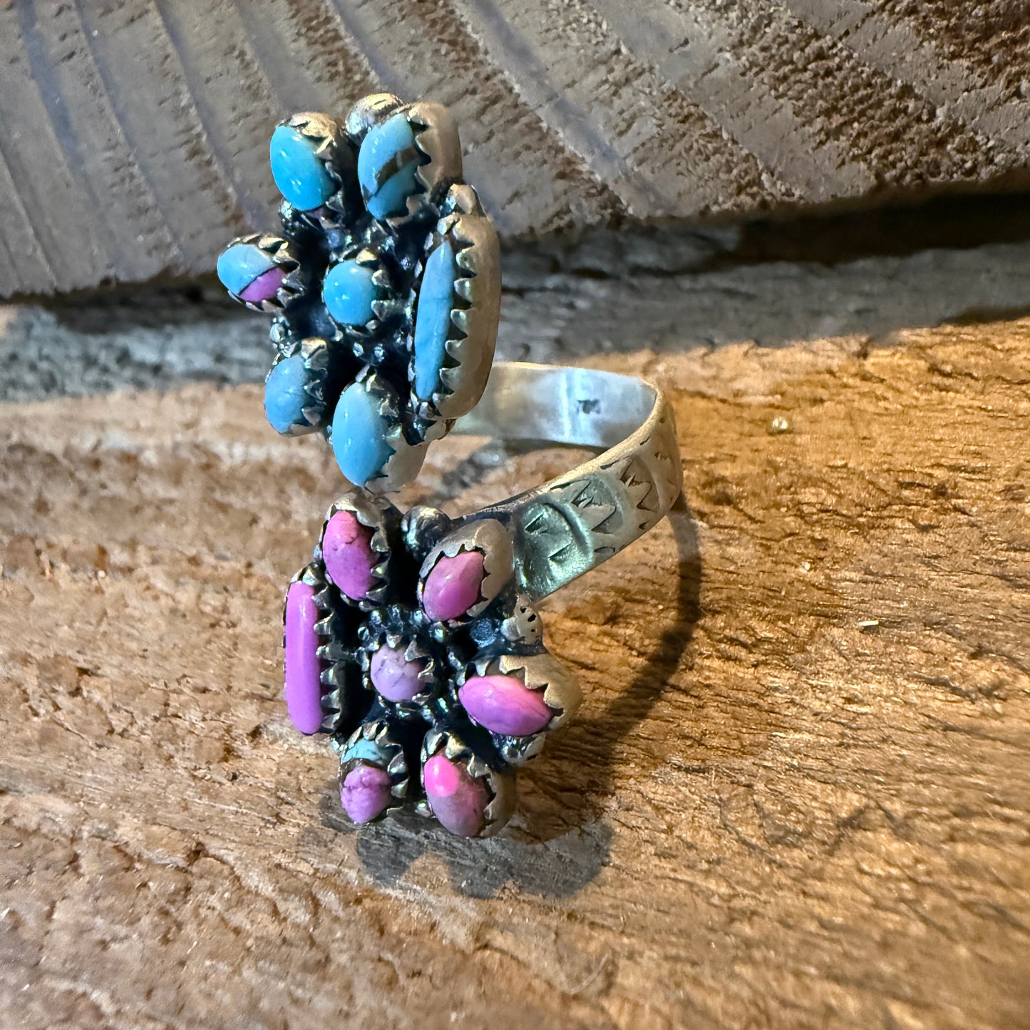 Cotton Candy Turquoise Dahlia Gemstone Adjustable Sterling Silver Ring
