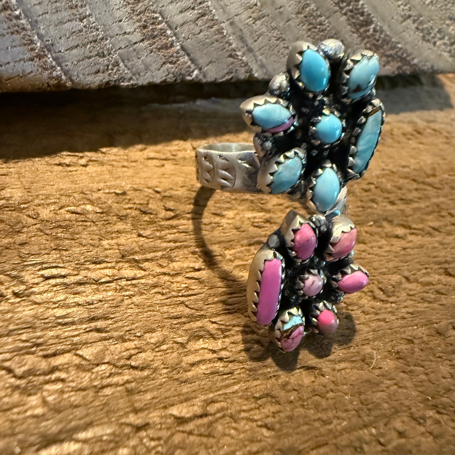 Cotton Candy Turquoise Dahlia Gemstone Adjustable Sterling Silver Ring