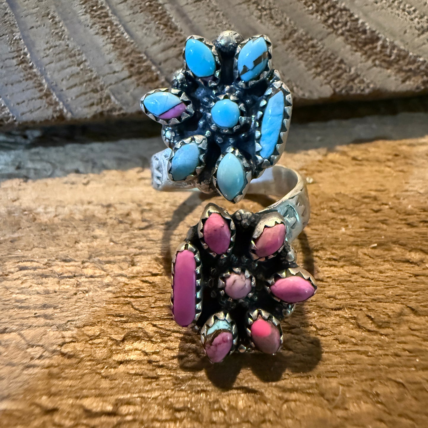 Cotton Candy Turquoise Dahlia Gemstone Adjustable Sterling Silver Ring