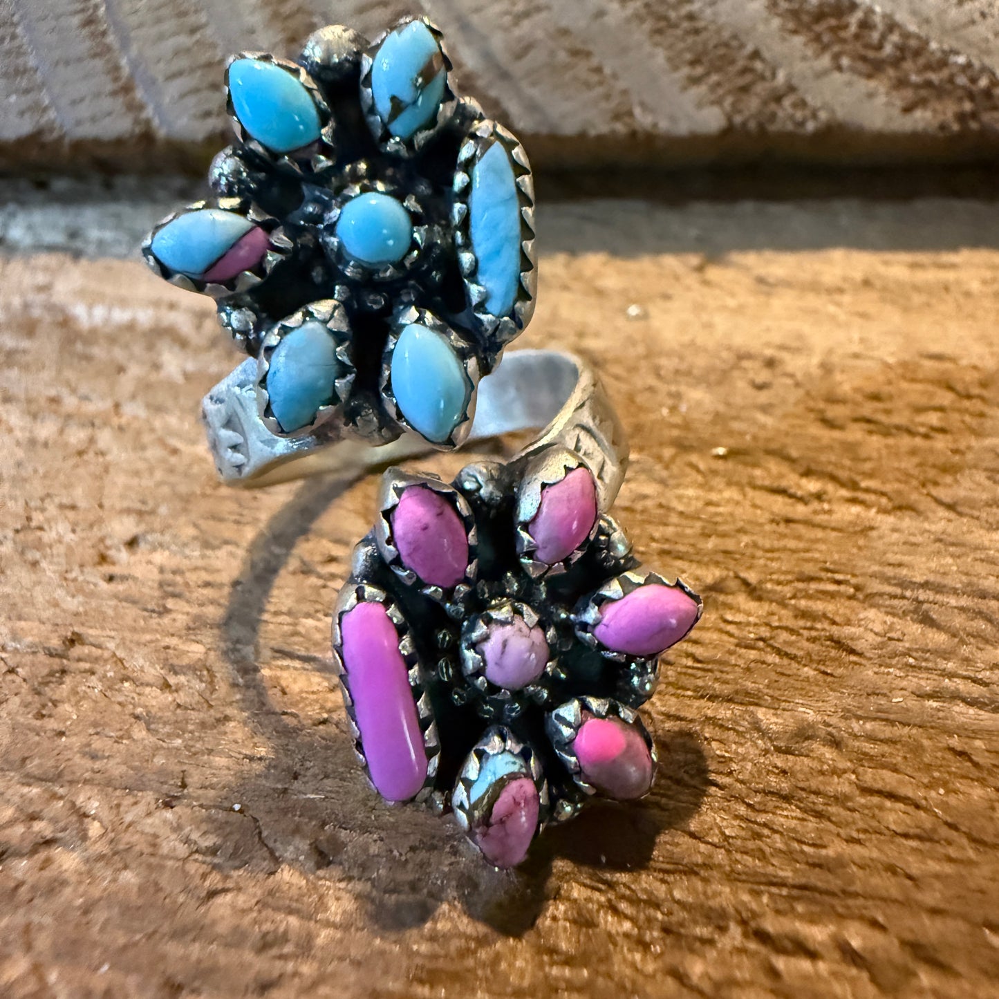 Cotton Candy Turquoise Dahlia Gemstone Adjustable Sterling Silver Ring