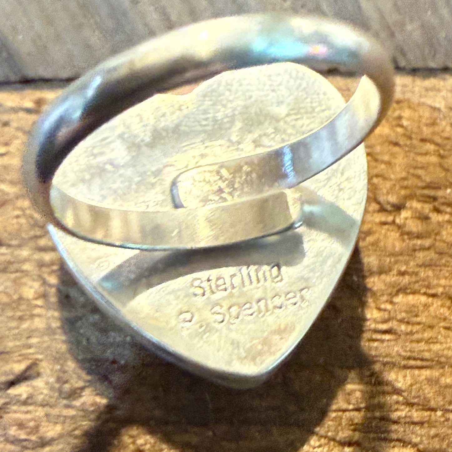 Signed Pat Spencer Pink Conch Gemstone Heart Adjustable Ring Sterling Silver