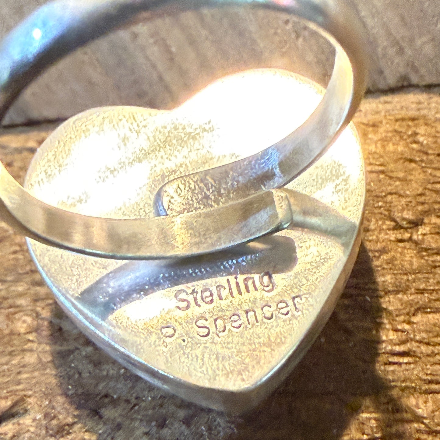 Signed Pat Spencer Pink Conch Gemstone Heart Adjustable Ring Sterling Silver