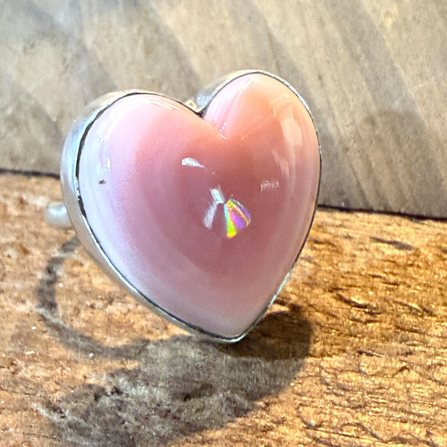 Signed Pat Spencer Pink Conch Gemstone Heart Adjustable Ring Sterling Silver