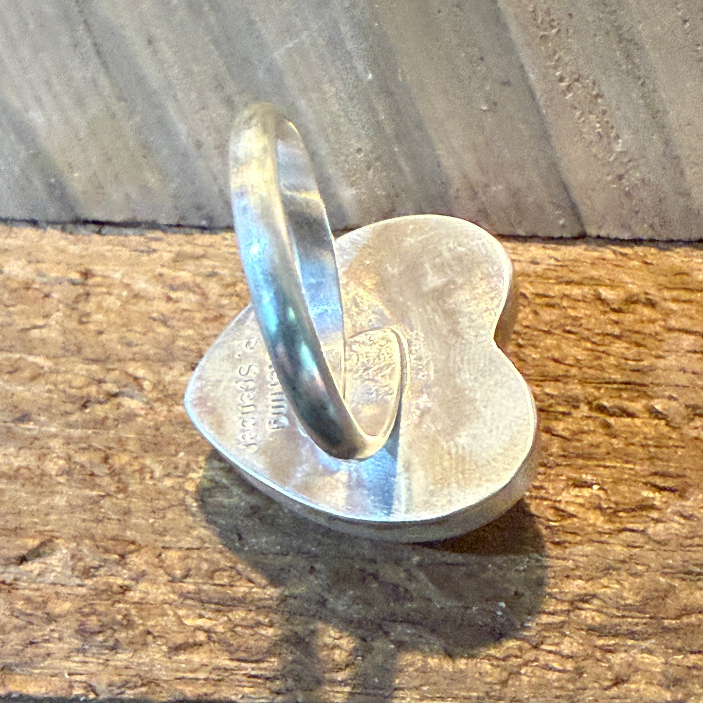 Signed Pat Spencer Pink Conch Gemstone Heart Adjustable Ring Sterling Silver