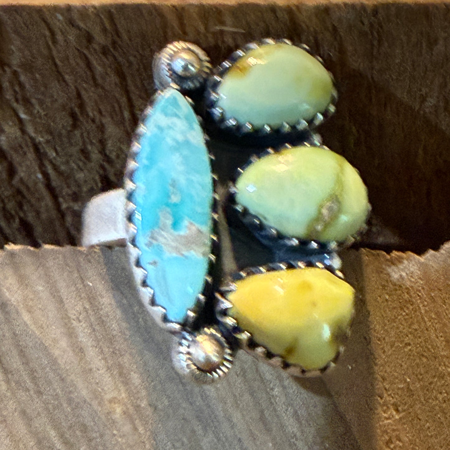 White Water and Palamino Turquoise Four Stone Adjustable Ring Sterling Silver