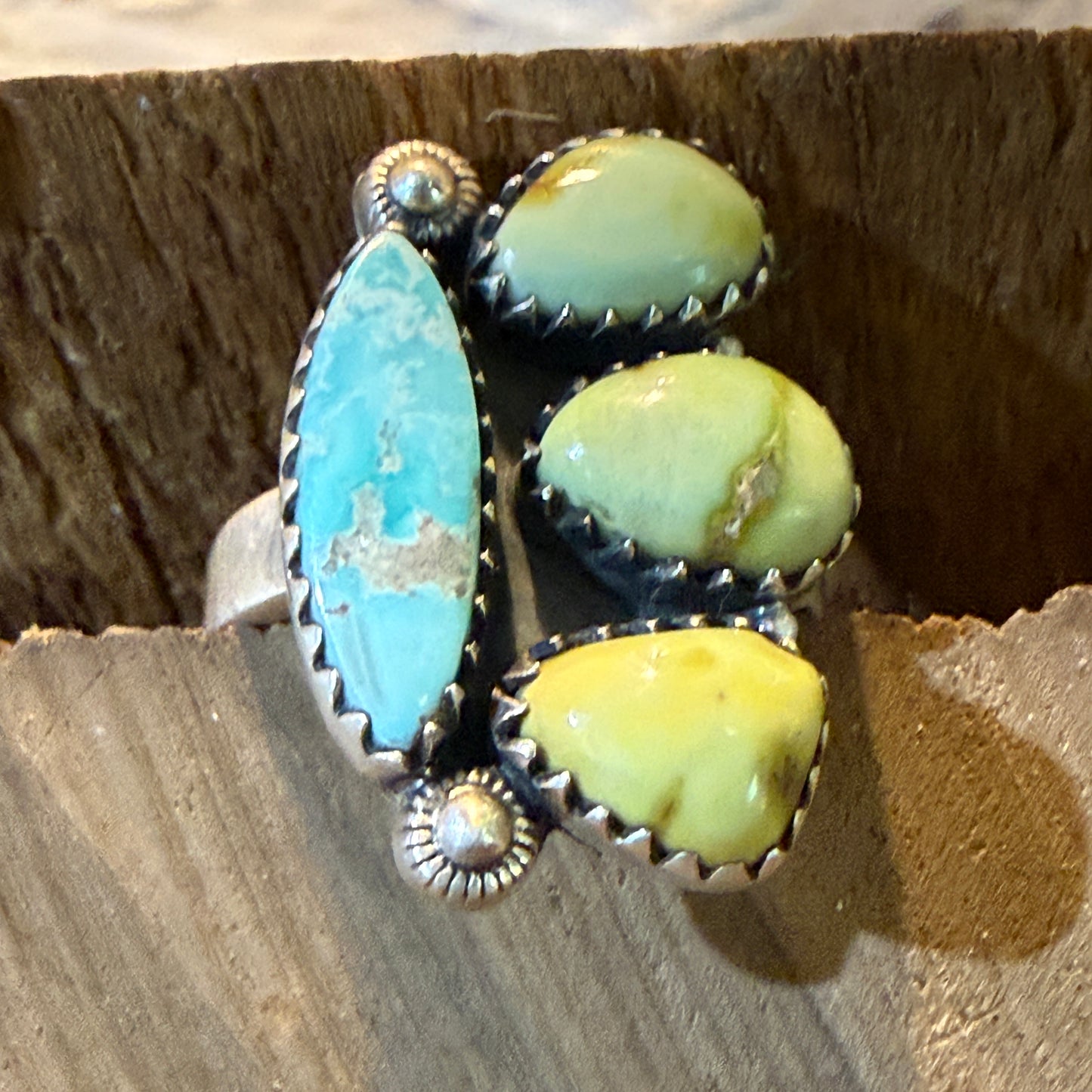 White Water and Palamino Turquoise Four Stone Adjustable Ring Sterling Silver