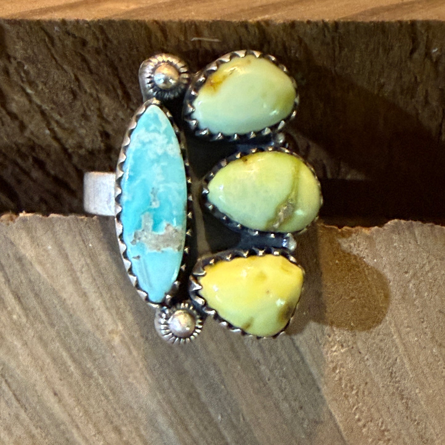 White Water and Palamino Turquoise Four Stone Adjustable Ring Sterling Silver