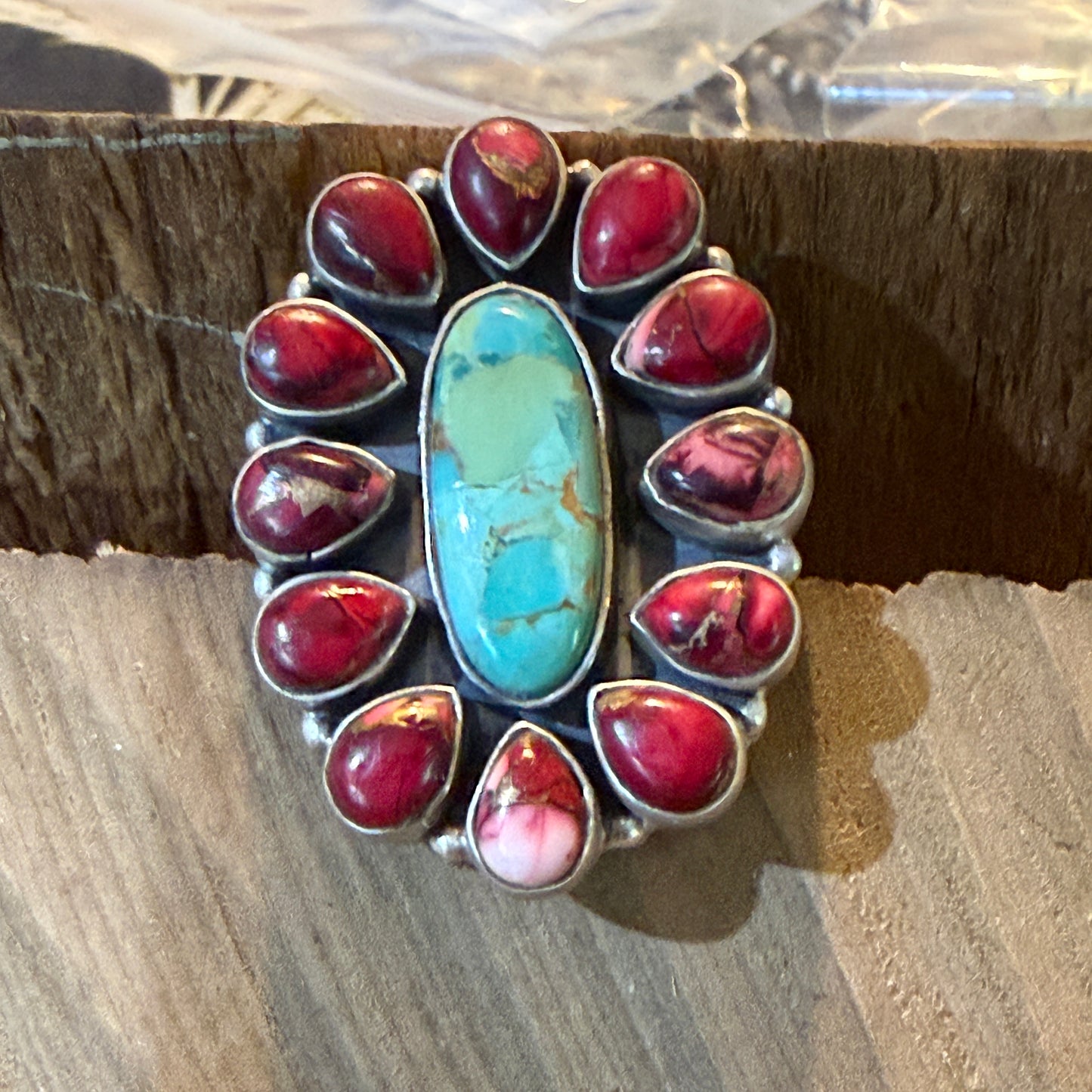 Red Rose Turquoise Dahlia Cluster Ring With Wide Adjustable Band Sterling Silver