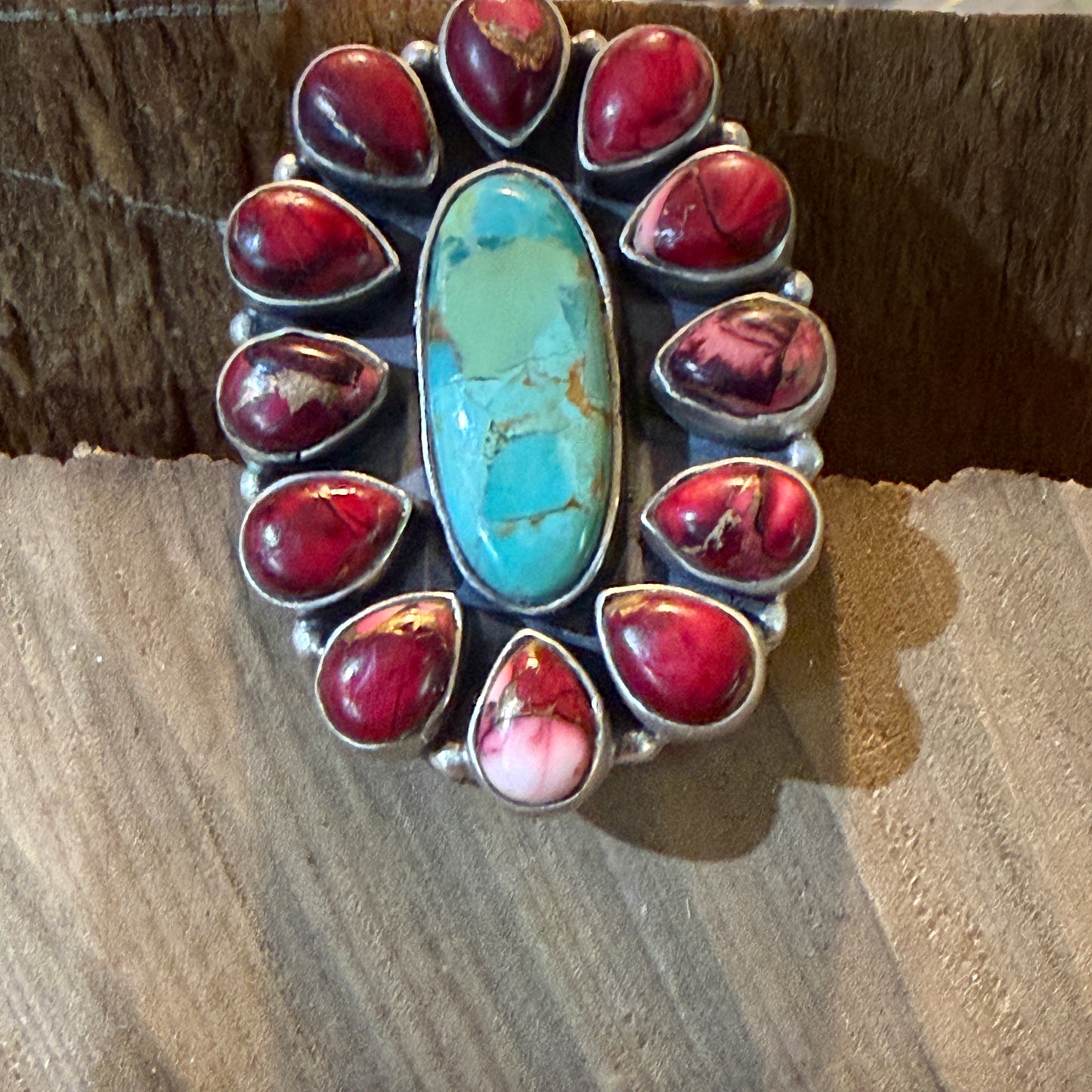 Red Rose Turquoise Dahlia Cluster Ring With Wide Adjustable Band Sterling Silver