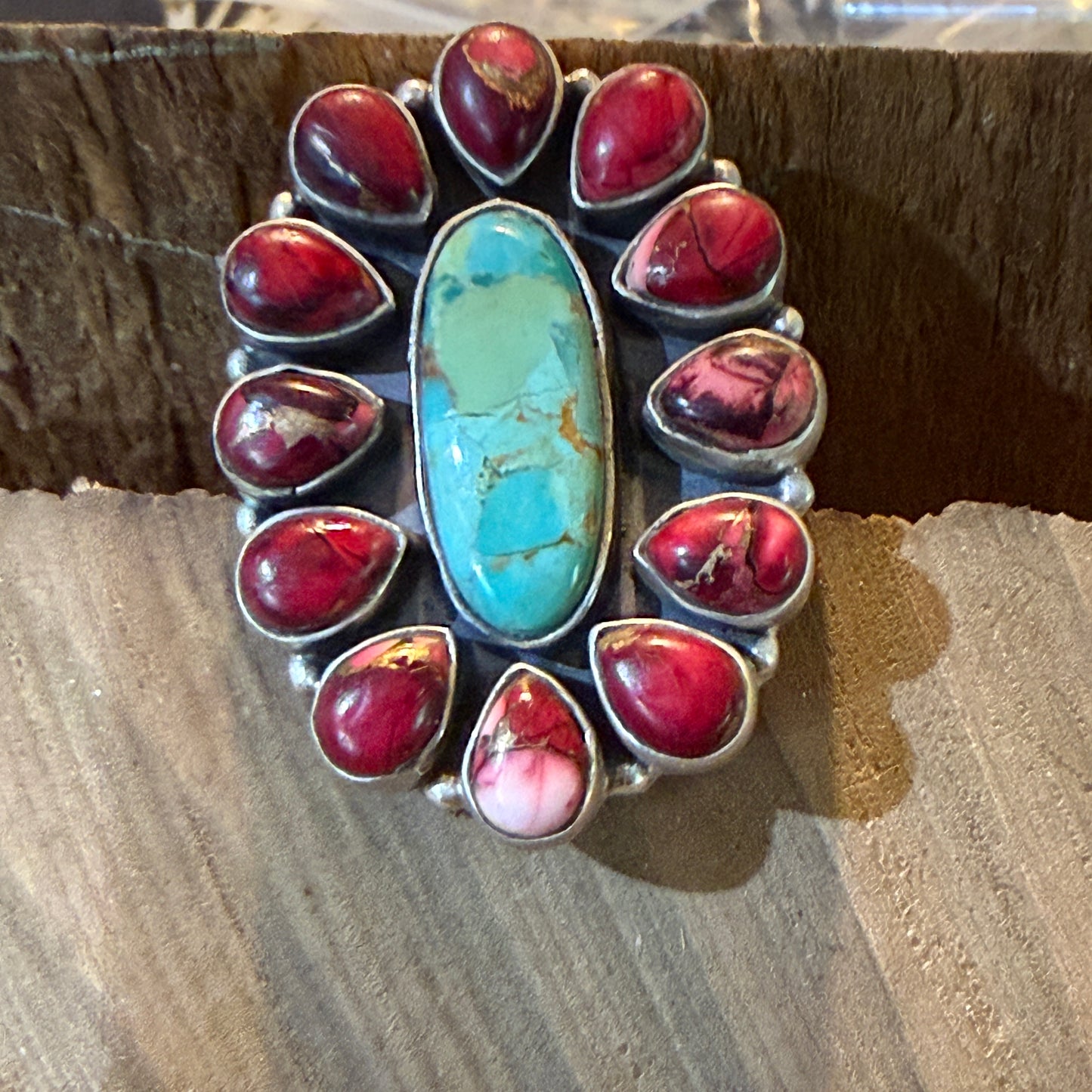 Red Rose Turquoise Dahlia Cluster Ring With Wide Adjustable Band Sterling Silver